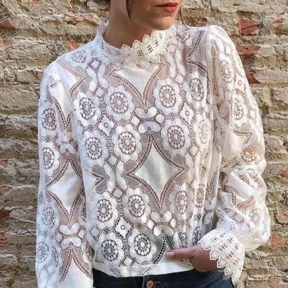 lace scalloped edge high neck long sleeve sheer to - Picture 2 of 9